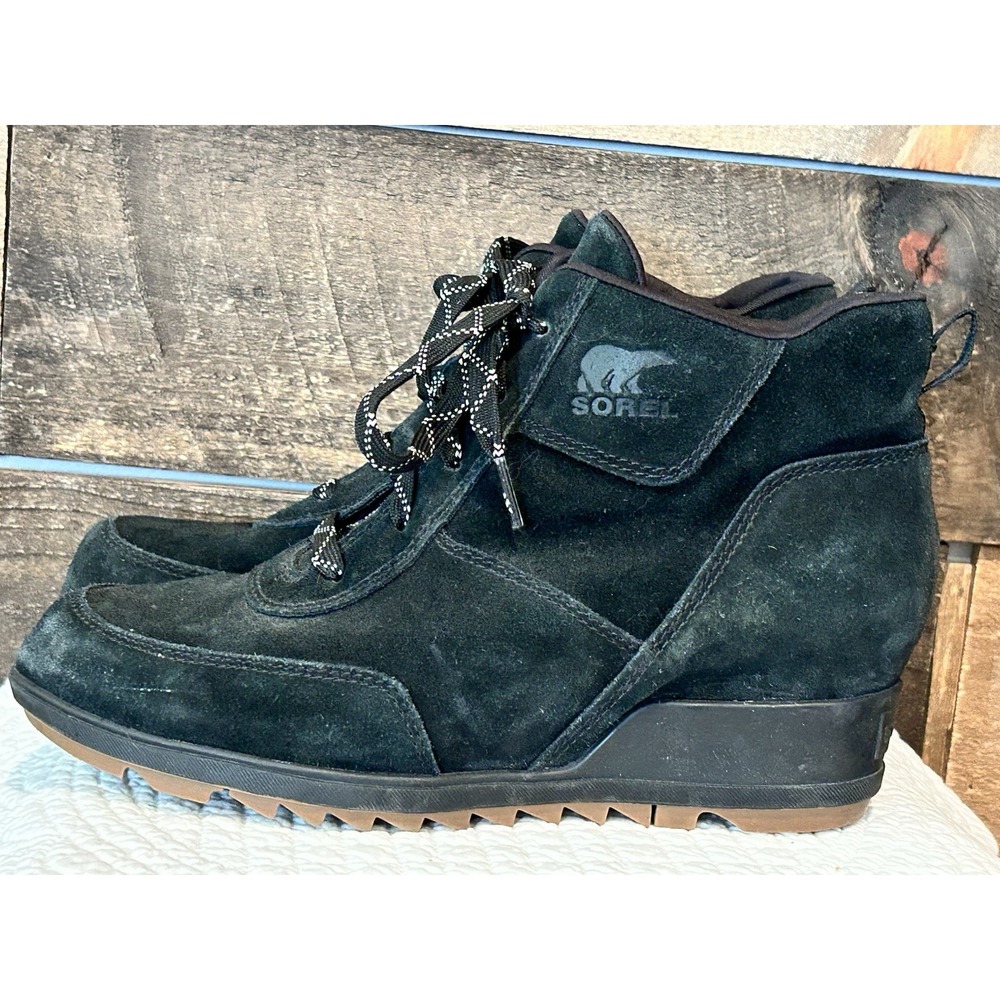 Sorel Evie Sport Boots Womens 10 Black Suede Wedge Bootie Waterproof‎ Lug Shoes